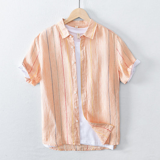 Linen Casual Striped Men's Short-sleeved Shirt