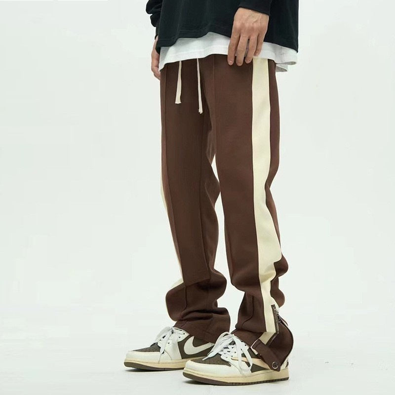 Leg Opening Zipper Buckle Striped Casual Trousers